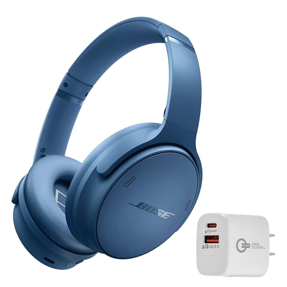 Bose QuietComfort Bluetooth Headphones, Wireless Headphones with Active Over Ear Noise Cancelling and Mic, + Green Extreme 20W 2-Port Wall Charger (Blue Dusk)