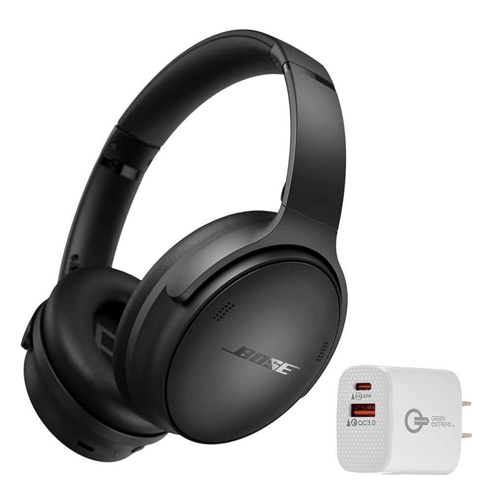 Bose QuietComfort Bluetooth Headphones, Wireless Headphones with Active Over Ear Noise Cancelling and Mic, + Green Extreme 20W 2-Port Wall Charger (Black)