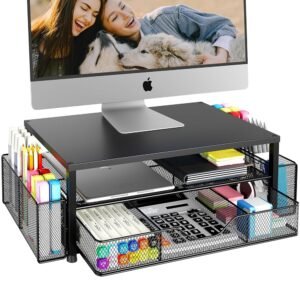 Desk Organizer and Accessories, 2-Tier Computer Monitor Stand Riser with Drawer and 2 Pen Holders, Office Desk Accessories for Office Supplies, Black