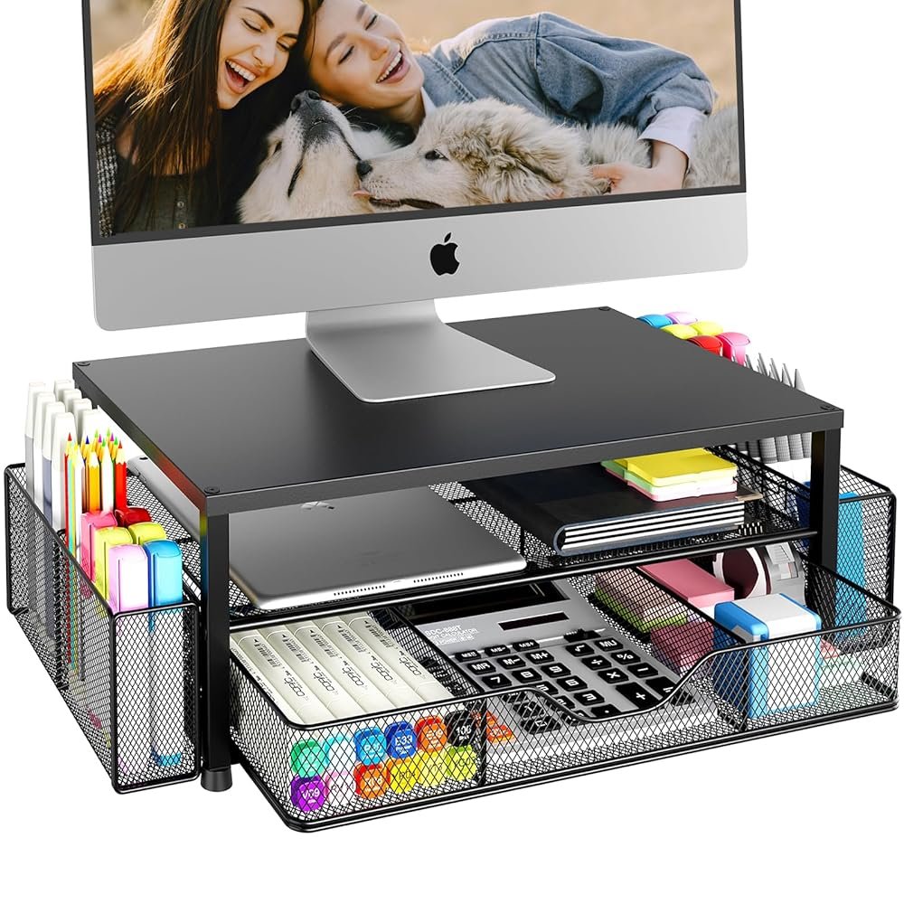 Desk Organizer and Accessories, 2-Tier Computer Monitor Stand Riser with Drawer and 2 Pen Holders, Office Desk Accessories for Office Supplies, Black