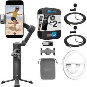 DJI Osmo Mobile 7P Gimbal Stabilizer for Smartphone 3-Axis Phone Gimbal Bundle with 2X Deco Essentials 3.5mm Clip-On Mini Lapel Microphone +LED Cordless Smartphone Ring Light +...