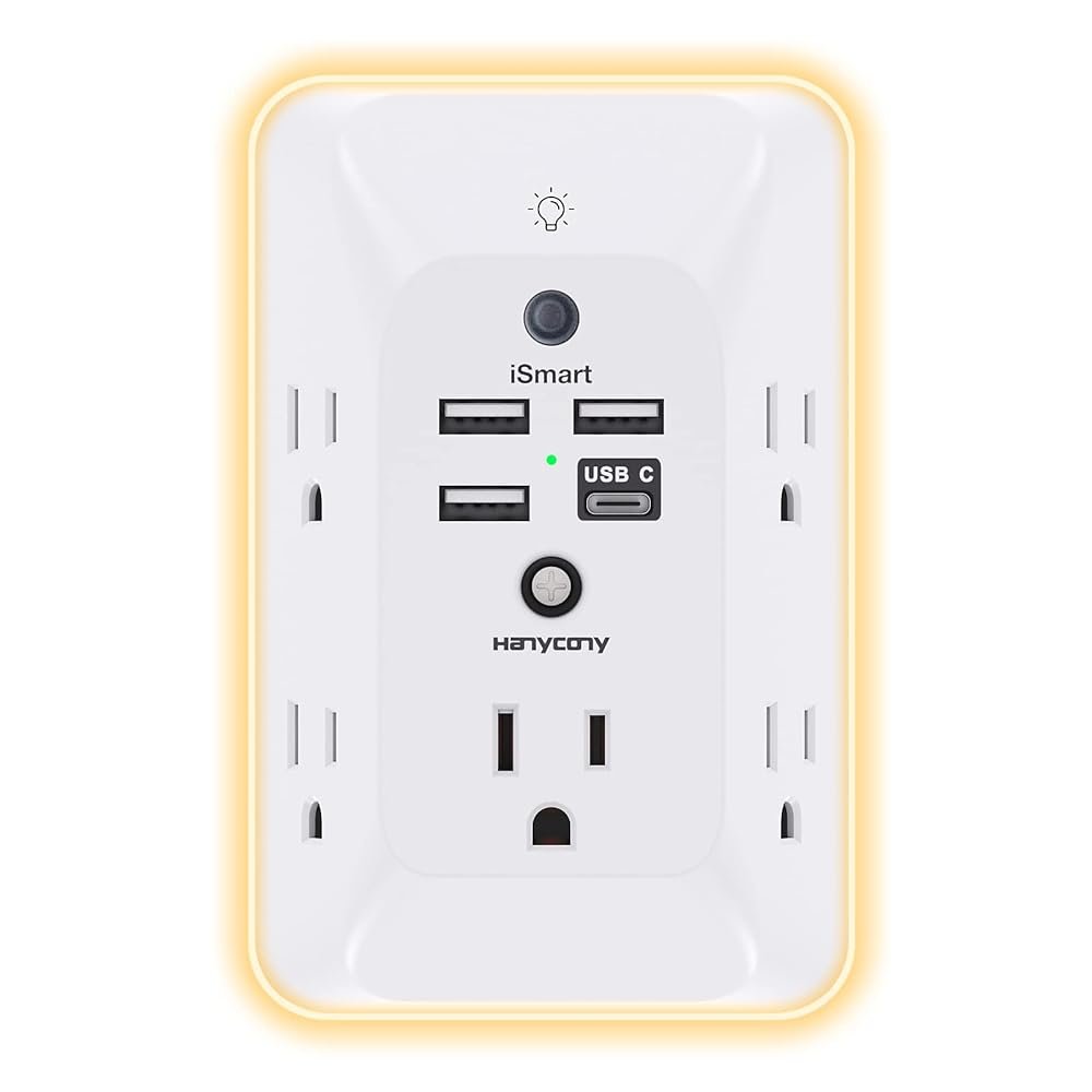 Outlet Extender with Night Light, HANYCONY Multi Plug Outlet, USB Wall Charger Surge Protector 4 USB Ports(1 USB C), Power Strip Electrical Outlet Splitter Expander for Home...