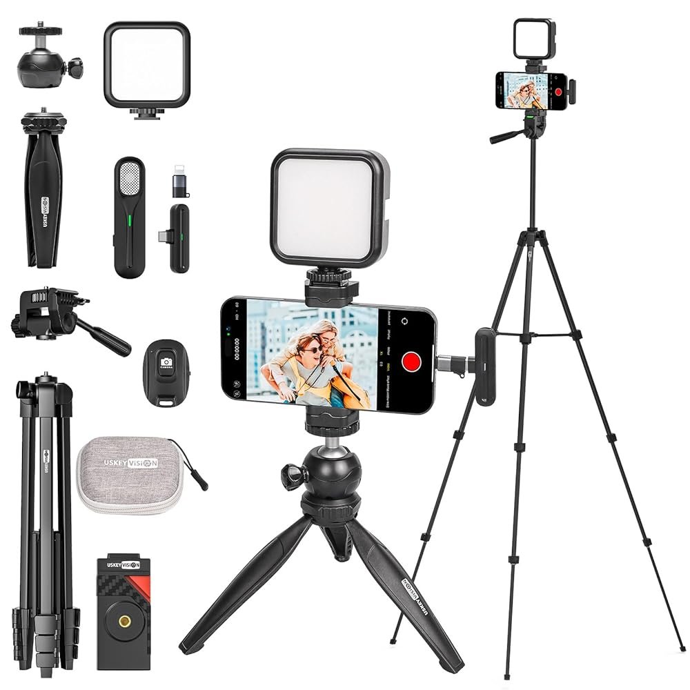 Upgraded Vlogging Kit w/Wireless Lavalier Microphone,YouTube Kit for iPhone and Smartphone w/59” Retractable Tripod,Automatic Switch Phone Clamp,Content Creator Gear for...