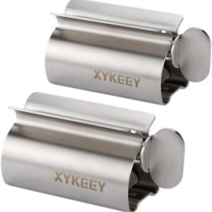 XYKEEY Set of 2 Toothpaste Squeezer Rollers, Metal Toothpaste Tube Wringer Seat Holder Stand (Stainless Steel)